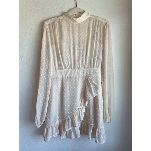 NWT Showpo. Tiahna Long Sleeve High Neck Ruffle Swiss Dot Dress in Cream Size 6 - Picture 5 of 15